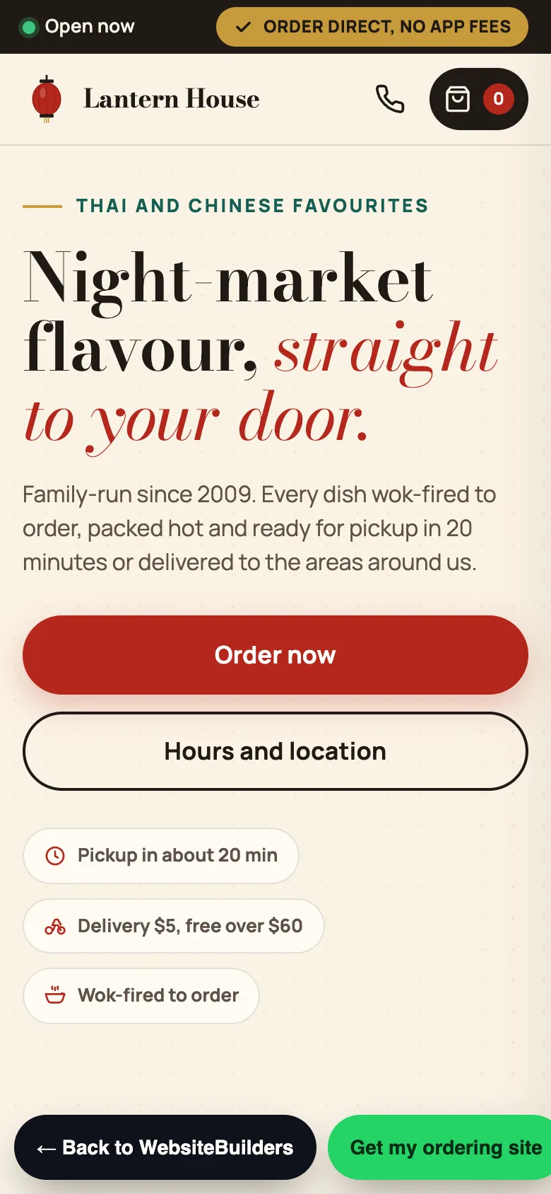 Lantern House ordering site on a phone